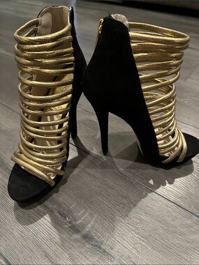 Michael Kors Gold and Black Strappy Stiletto Heels